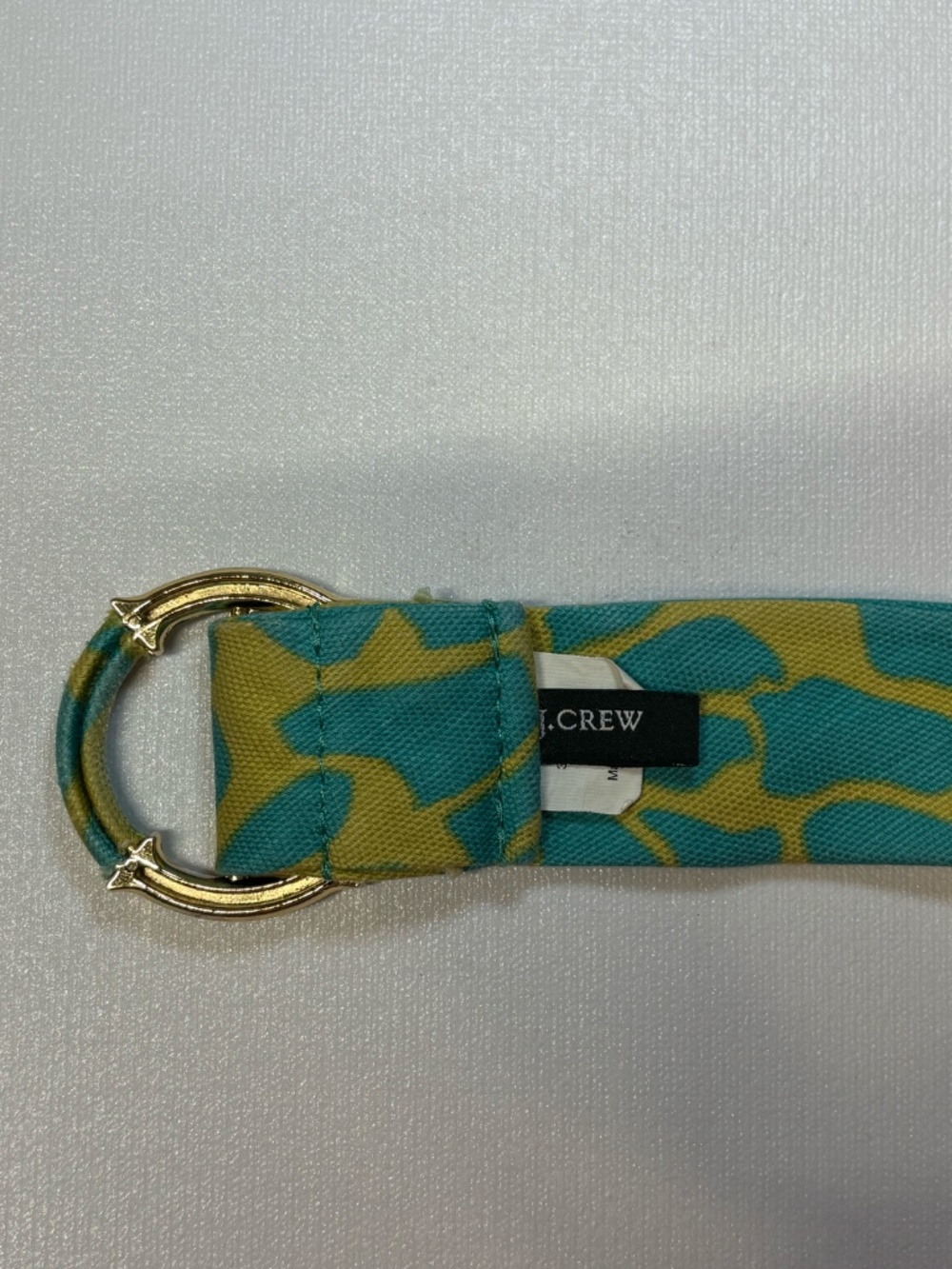 J. Crew Aqua Blue & Lime Green Printed Linen Belt Gold Horseshoe Buckle Medium - Picture 3 of 8